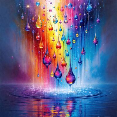 The primary subject of the image is a painting of a rainbow with various colored raindrops. The setting is a blue background, and the visual style is a digital art or illustration. The dominant colors are the rainbow colors, and the overall atmosphere is vibrant and lively.